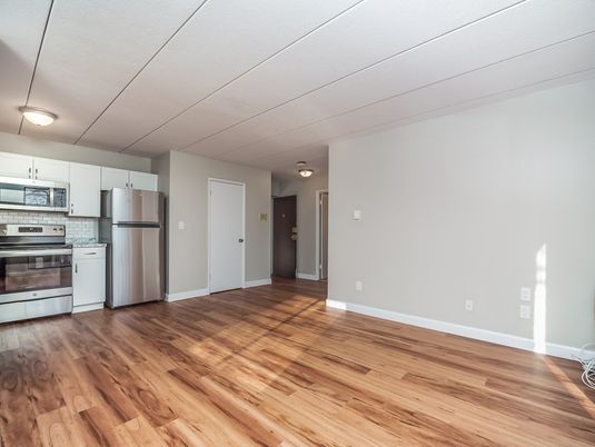 Empty room, Interior, Kitchen, Stainless Steel Appliances, Wood Texture Flooring