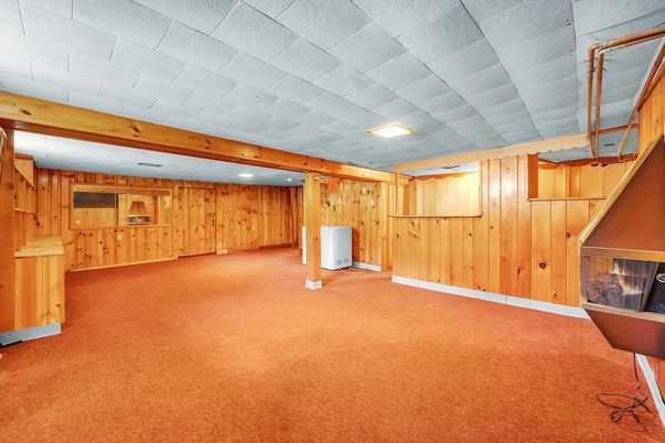 Empty room, Fireplace, Interior, Recessed Lighting, Wooden Beams, Wooden Walls