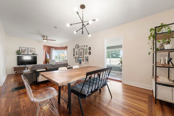 Dining room, Interior, Living room, Pendant Lights, Wood Texture Flooring