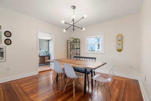 Dining room, Interior, Pendant Lights, Wood Texture Flooring