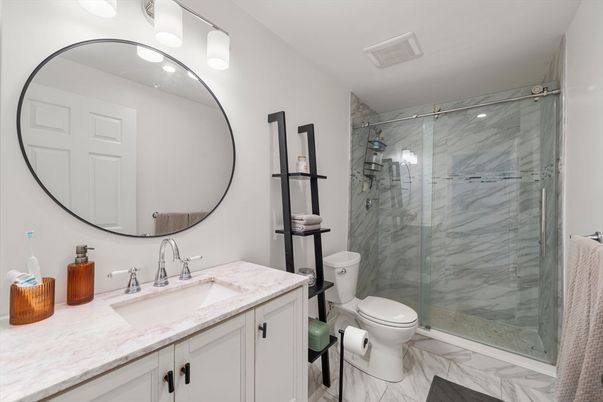 Bathroom, Dual Sink Vanities, Glass Shower, Interior, Marble, Marble Walls