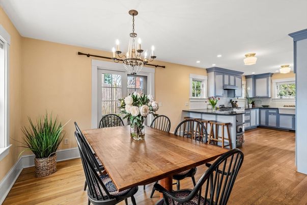 Chandelier, Dining room, Interior, Kitchen, Recessed Lighting, Wood Texture Flooring