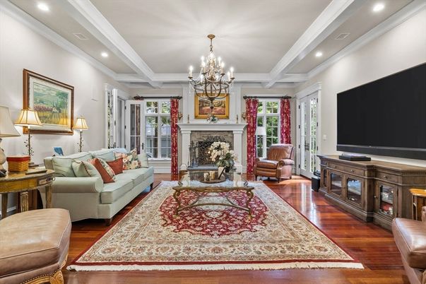 Chandelier, Fireplace, Interior, Living room, Recessed Lighting, Wood Texture Flooring