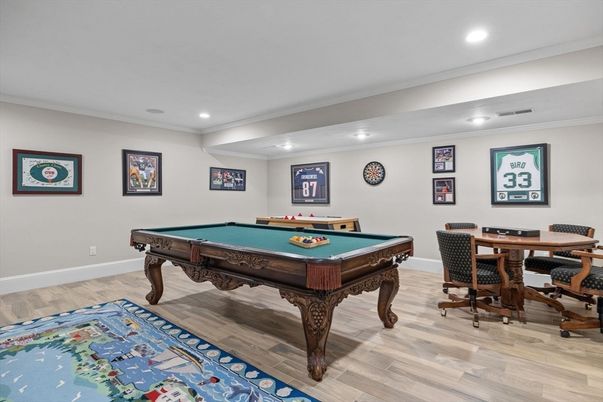 Billiard Table, Game Room, Interior, Recessed Lighting, Wood Texture Flooring