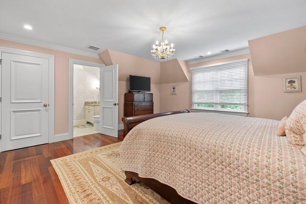 Bedroom, Chandelier, Interior, Recessed Lighting, Wood Texture Flooring