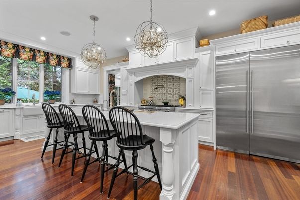 Chandelier, Interior, Kitchen, Pendant Lights, Recessed Lighting, Stainless Steel Appliances, Wood Texture Flooring