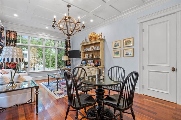 Chandelier, Dining room, Interior, Recessed Lighting, Wood Texture Flooring
