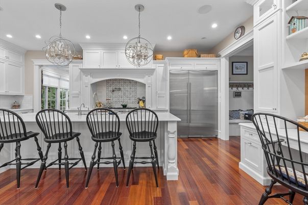 Chandelier, Interior, Kitchen, Pendant Lights, Recessed Lighting, Stainless Steel Appliances, Wood Texture Flooring