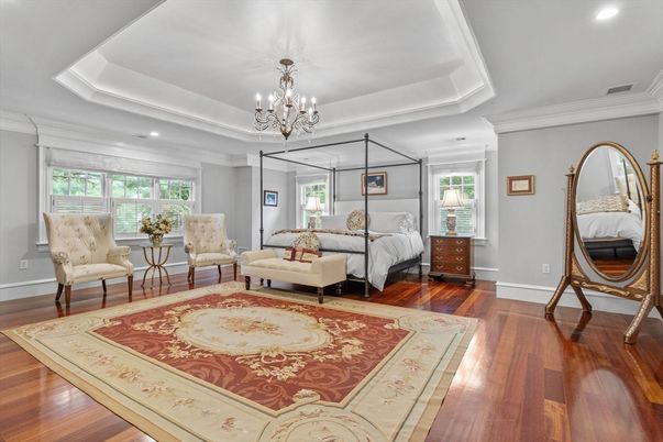 Bedroom, Chandelier, Interior, Recessed Lighting, Wood Texture Flooring