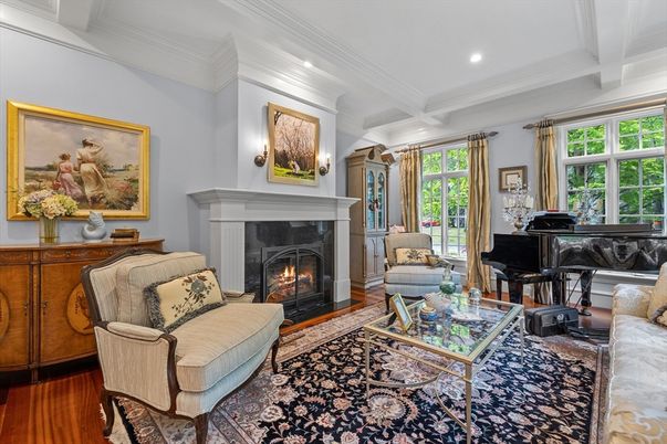 Fireplace, Interior, Living room, Piano, Recessed Lighting, Wood Texture Flooring