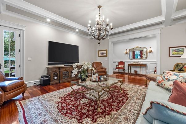 Chandelier, Interior, Living room, Recessed Lighting, Wood Texture Flooring