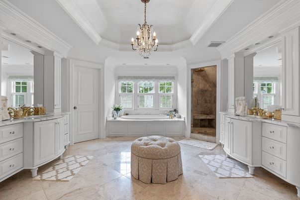 Bathroom, Chandelier, Glass Shower, Interior, Recessed Lighting
