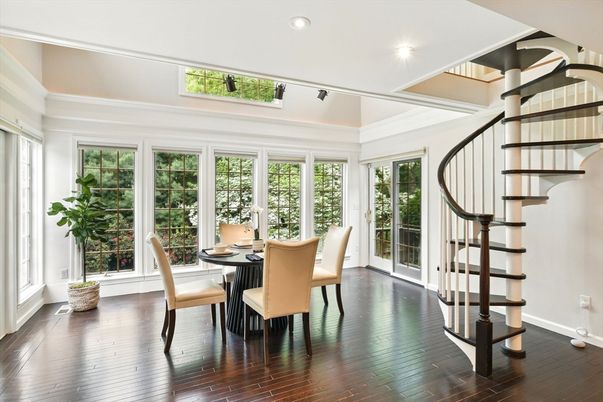 Dining room, Interior, Recessed Lighting, Wood Texture Flooring