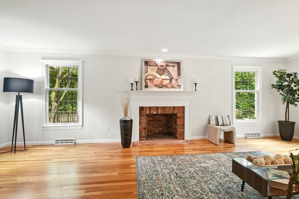 Fireplace, Interior, Recessed Lighting, Wood Texture Flooring