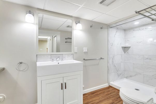 Bathroom, Interior, Marble Walls, Wood Texture Flooring