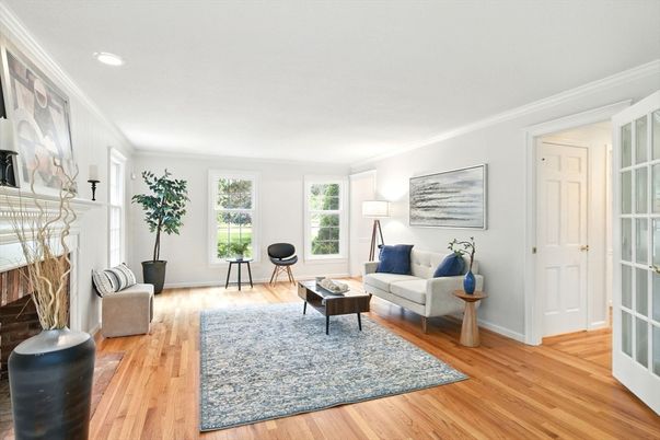 Fireplace, Interior, Living room, Recessed Lighting, Wood Texture Flooring