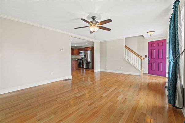 Empty room, Interior, Kitchen, Stainless Steel Appliances, Wood Texture Flooring