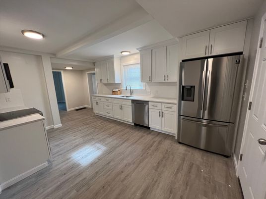 Interior, Kitchen, Recessed Lighting, Stainless Steel Appliances, Wood Texture Flooring