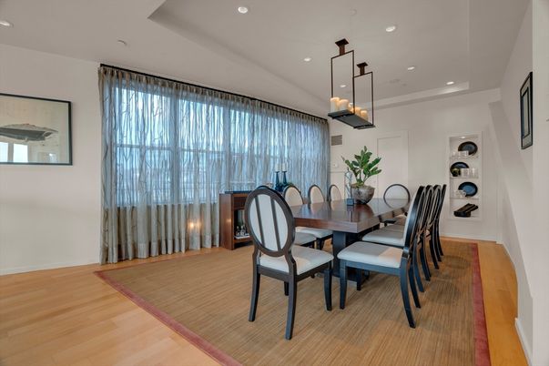Chandelier, Dining room, Interior, Pendant Lights, Recessed Lighting, Wood Texture Flooring
