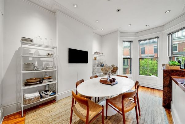 Dining room, Interior, Recessed Lighting, Wood Texture Flooring