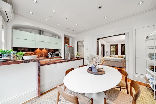 Dining room, Interior, Kitchen, Living room, Recessed Lighting, Stainless Steel Appliances, Wood Texture Flooring
