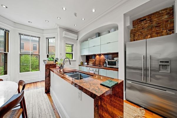 Interior, Kitchen, Recessed Lighting, Stainless Steel Appliances, Stone Walls, Wood Texture Flooring