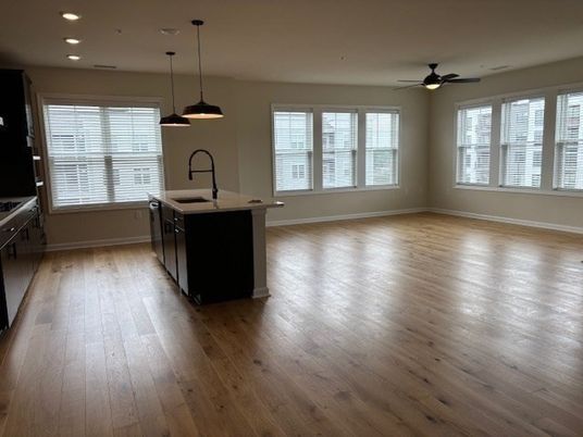 Empty room, Interior, Kitchen, Pendant Lights, Recessed Lighting, Wood Texture Flooring