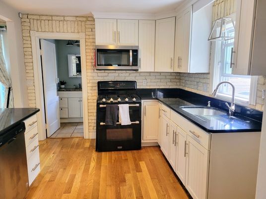 Fireplace, Interior, Kitchen, Stone Walls, Wood Texture Flooring