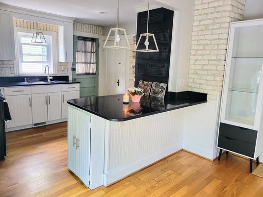 Interior, Kitchen, Pendant Lights, Recessed Lighting, Stone Walls, Wood Texture Flooring