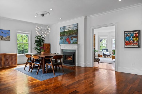 Dining room, Fireplace, Interior, Pendant Lights, Recessed Lighting, Wood Texture Flooring