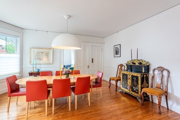 Dining room, Interior, Pendant Lights, Wood Texture Flooring