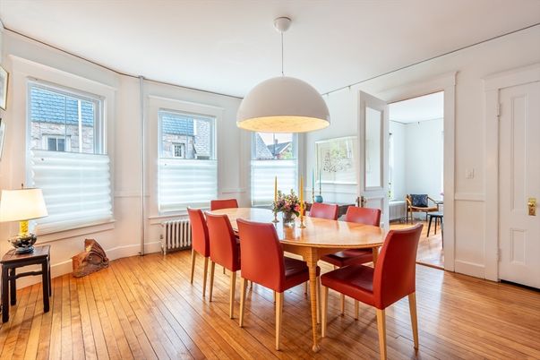 Dining room, Interior, Pendant Lights, Wood Texture Flooring