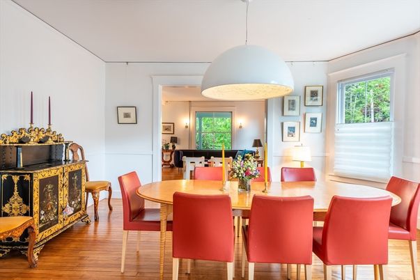 Dining room, Interior, Pendant Lights, Wood Texture Flooring