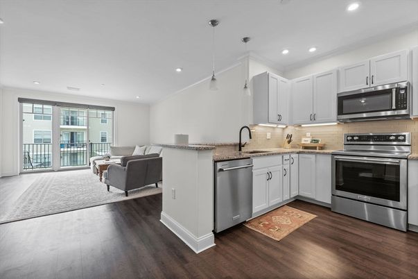 Interior, Kitchen, Living room, Pendant Lights, Recessed Lighting, Stainless Steel Appliances, Wood Texture Flooring