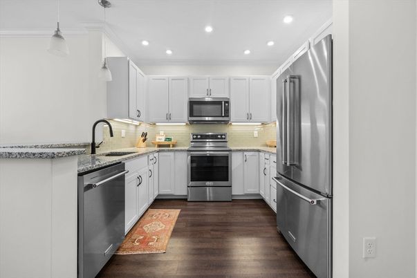 Interior, Kitchen, Pendant Lights, Recessed Lighting, Stainless Steel Appliances, Wood Texture Flooring