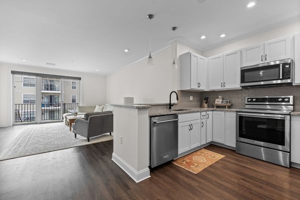 Interior, Kitchen, Living room, Pendant Lights, Recessed Lighting, Stainless Steel Appliances, Wood Texture Flooring