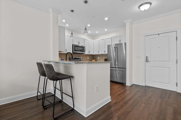 Interior, Kitchen, Pendant Lights, Recessed Lighting, Stainless Steel Appliances, Wood Texture Flooring