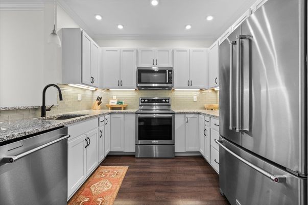 Interior, Kitchen, Pendant Lights, Recessed Lighting, Stainless Steel Appliances, Wood Texture Flooring