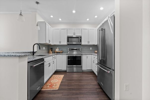 Interior, Kitchen, Pendant Lights, Recessed Lighting, Stainless Steel Appliances, Wood Texture Flooring