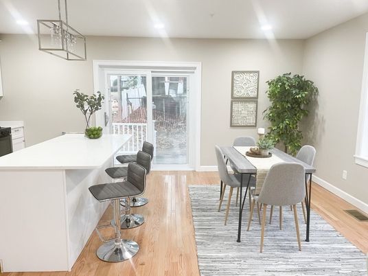 Dining room, Interior, Recessed Lighting, Wood Texture Flooring