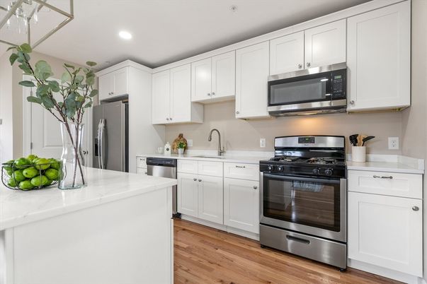 Interior, Kitchen, Recessed Lighting, Stainless Steel Appliances, Wood Texture Flooring