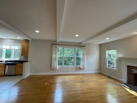 Empty room, Fireplace, Interior, Kitchen, Recessed Lighting, Wood Texture Flooring