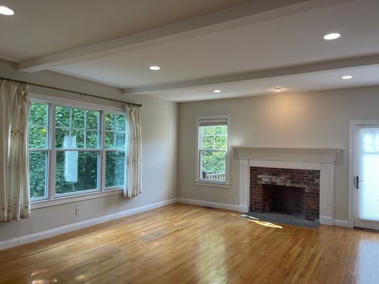 Empty room, Fireplace, Interior, Recessed Lighting, Wood Texture Flooring