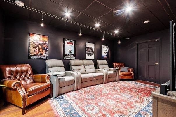 Home Theatre Room, Interior, Recessed Lighting, Theatre Room, Wood Texture Flooring