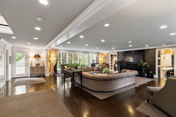 Fireplace, Interior, Living room, Recessed Lighting, Wood Texture Flooring