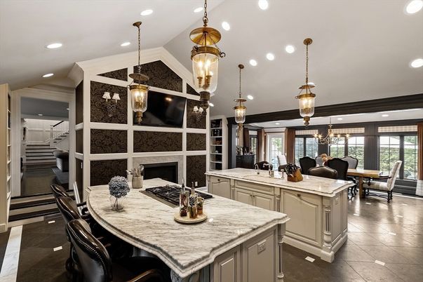 Dining room, Fireplace, Interior, Kitchen, Pendant Lights, Recessed Lighting