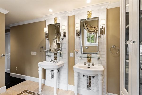 Bathroom, Dual Sink Vanities, Interior, Recessed Lighting, Wood Texture Flooring