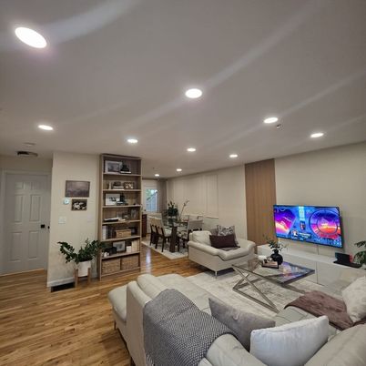 Dining room, Interior, Living room, Recessed Lighting, Wood Texture Flooring