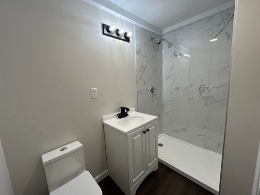 Bathroom, Interior, Marble Walls, Wood Texture Flooring