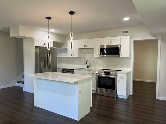 Interior, Kitchen, Pendant Lights, Recessed Lighting, Stainless Steel Appliances, Wood Texture Flooring
